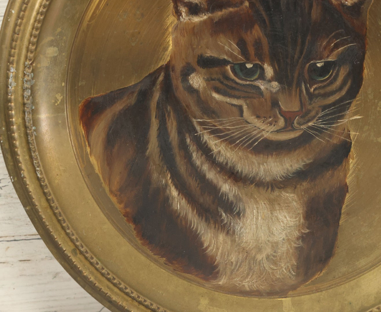 Lot 010 - Antique Hand-Painted Cat Portrait On Brass Charger, Tabby Cat Artwork, Decorative Wall Plaque, 11-7/8" Diameter