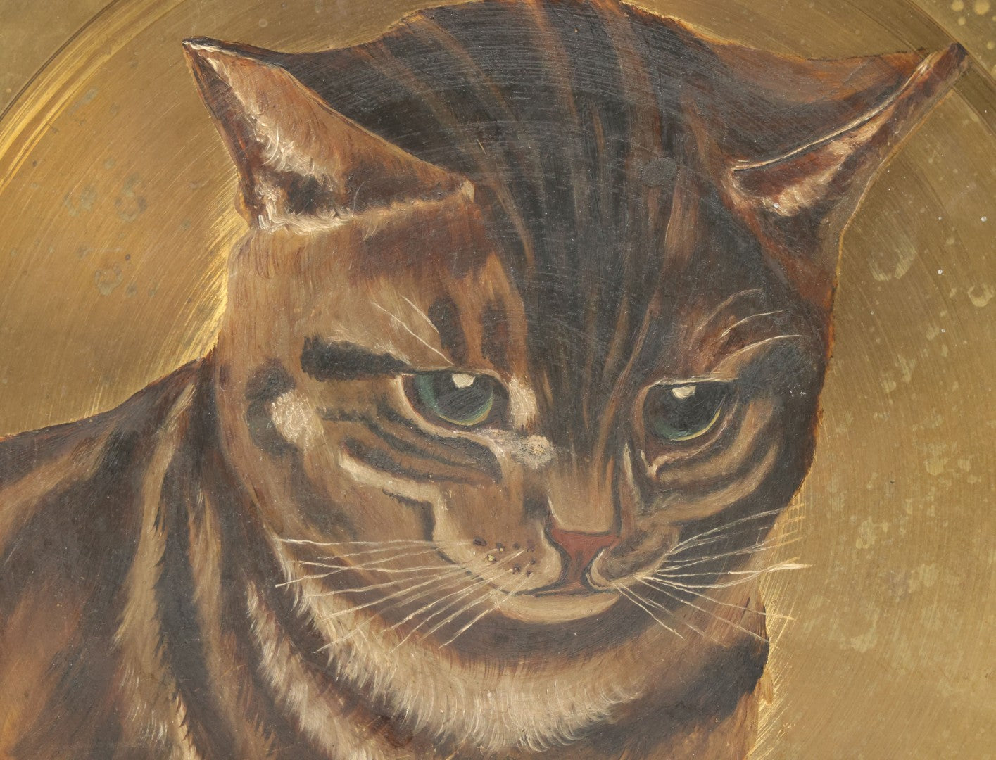 Lot 010 - Antique Hand-Painted Cat Portrait On Brass Charger, Tabby Cat Artwork, Decorative Wall Plaque, 11-7/8" Diameter