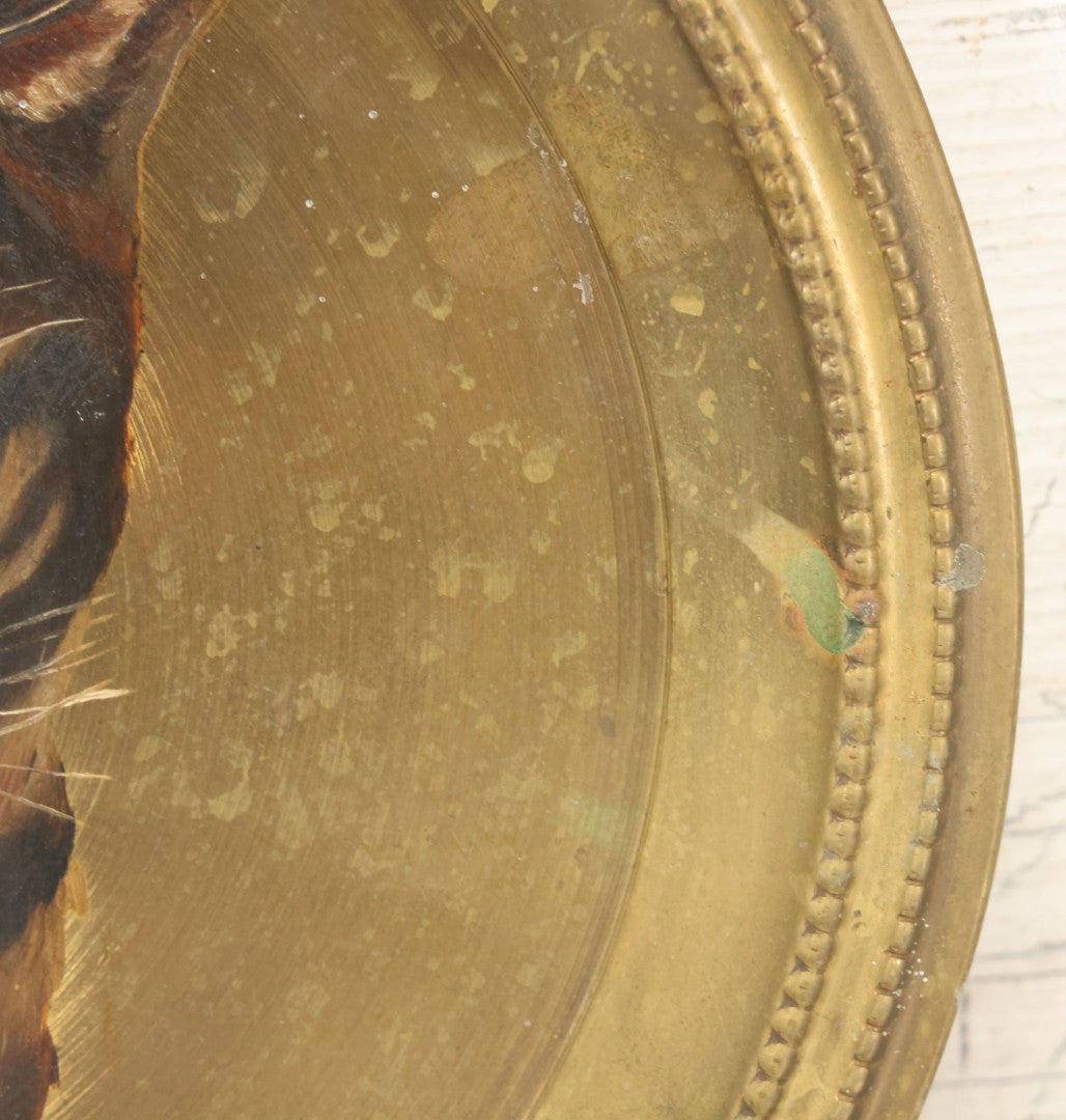 Lot 010 - Antique Hand-Painted Cat Portrait On Brass Charger, Tabby Cat Artwork, Decorative Wall Plaque, 11-7/8" Diameter