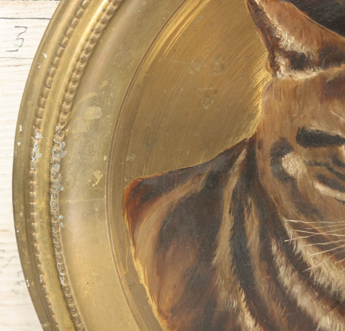 Lot 010 - Antique Hand-Painted Cat Portrait On Brass Charger, Tabby Cat Artwork, Decorative Wall Plaque, 11-7/8" Diameter
