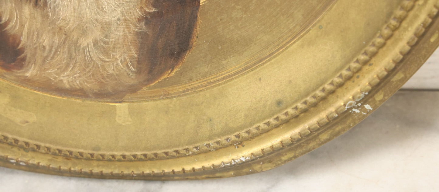 Lot 010 - Antique Hand-Painted Cat Portrait On Brass Charger, Tabby Cat Artwork, Decorative Wall Plaque, 11-7/8" Diameter