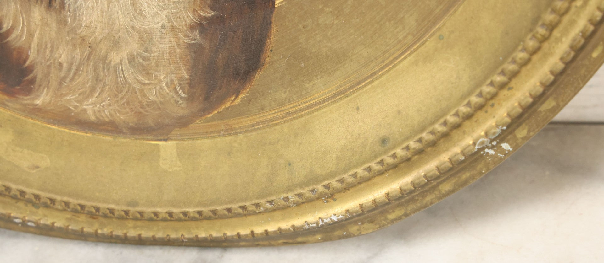 Lot 010 - Antique Hand-Painted Cat Portrait On Brass Charger, Tabby Cat Artwork, Decorative Wall Plaque, 11-7/8" Diameter