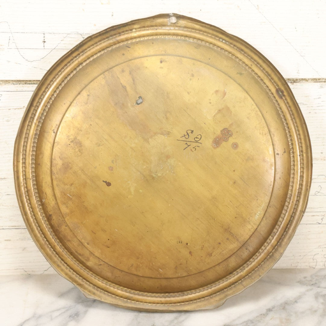 Lot 010 - Antique Hand-Painted Cat Portrait On Brass Charger, Tabby Cat Artwork, Decorative Wall Plaque, 11-7/8" Diameter