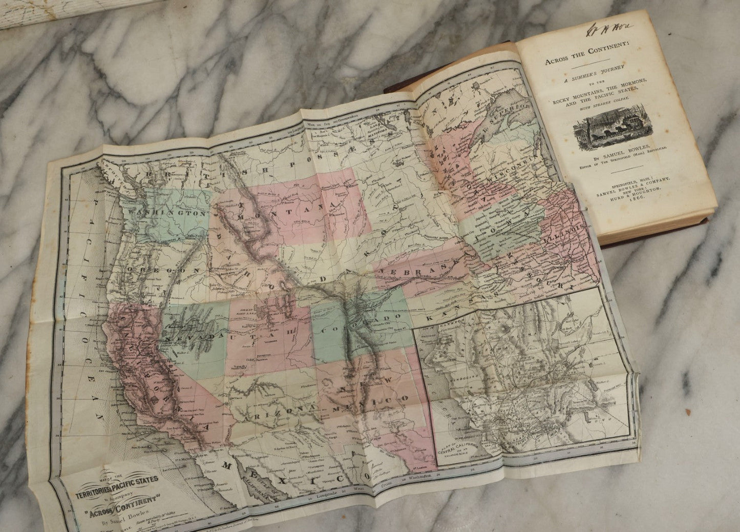 Lot 154 - "Across The Continent: A Summer's Journey To The Rocky Mountains, The Mormons, And The Pacific States" Antique Book By Samuel Bowles, With Fold Out Map, Samuel Bowles & Company Publisher, Springfield, Massachusetts, 1866