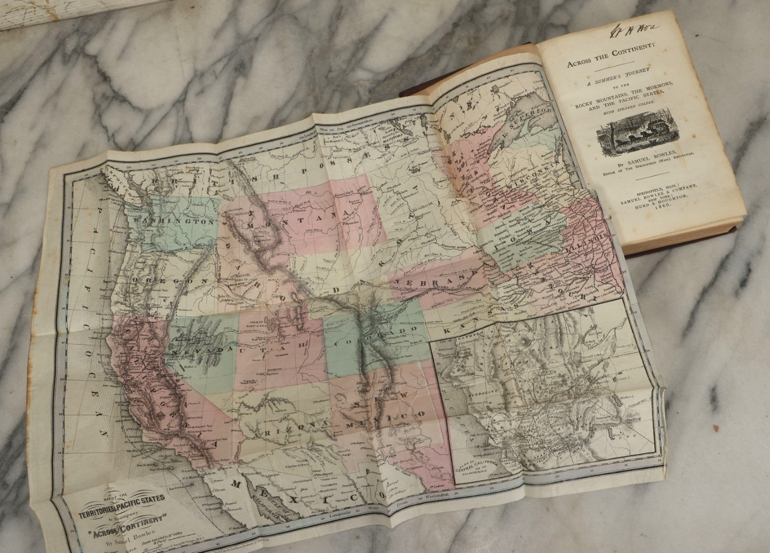 Lot 154 - "Across The Continent: A Summer's Journey To The Rocky Mountains, The Mormons, And The Pacific States" Antique Book By Samuel Bowles, With Fold Out Map, Samuel Bowles & Company Publisher, Springfield, Massachusetts, 1866