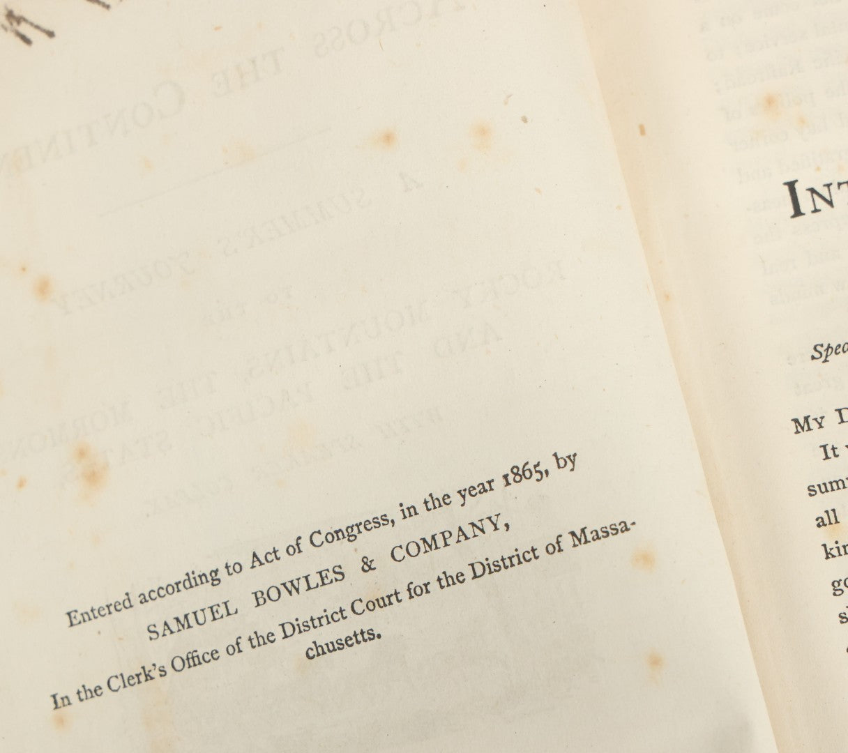 Lot 154 - "Across The Continent: A Summer's Journey To The Rocky Mountains, The Mormons, And The Pacific States" Antique Book By Samuel Bowles, With Fold Out Map, Samuel Bowles & Company Publisher, Springfield, Massachusetts, 1866