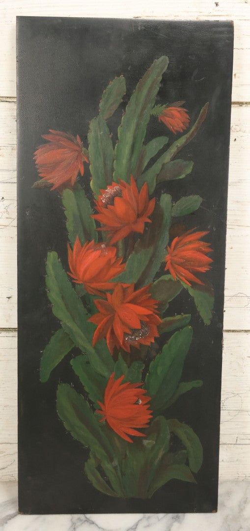 Lot 012 - Antique Hand-Painted Cactus Flower Artwork, Bold Red Blooms On Black Background, Botanical Wall Art, 10-1/8" x 24"