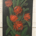 Lot 012 - Antique Hand-Painted Cactus Flower Artwork, Bold Red Blooms On Black Background, Botanical Wall Art, 10-1/8" x 24"