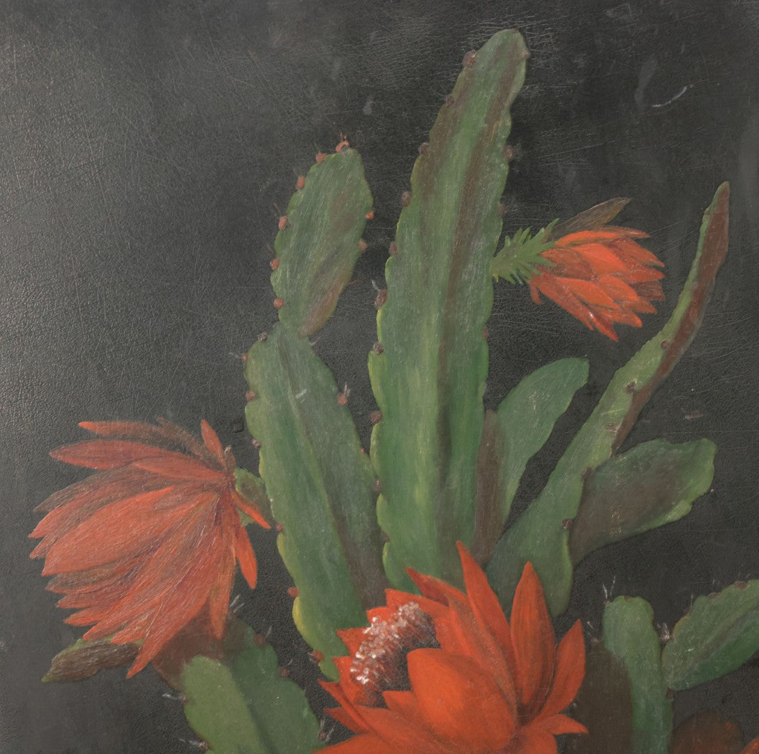 Lot 012 - Antique Hand-Painted Cactus Flower Artwork, Bold Red Blooms On Black Background, Botanical Wall Art, 10-1/8" x 24"