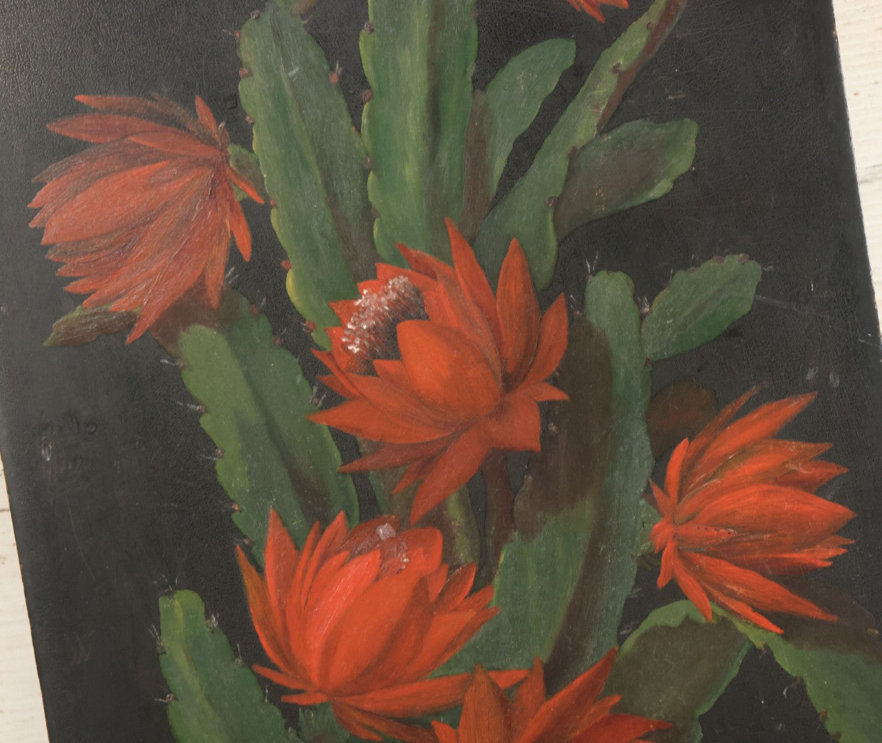 Lot 012 - Antique Hand-Painted Cactus Flower Artwork, Bold Red Blooms On Black Background, Botanical Wall Art, 10-1/8" x 24"