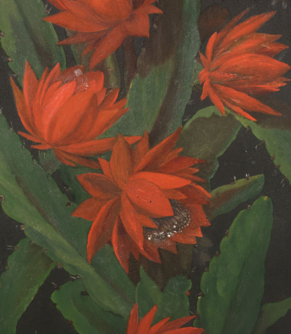 Lot 012 - Antique Hand-Painted Cactus Flower Artwork, Bold Red Blooms On Black Background, Botanical Wall Art, 10-1/8" x 24"