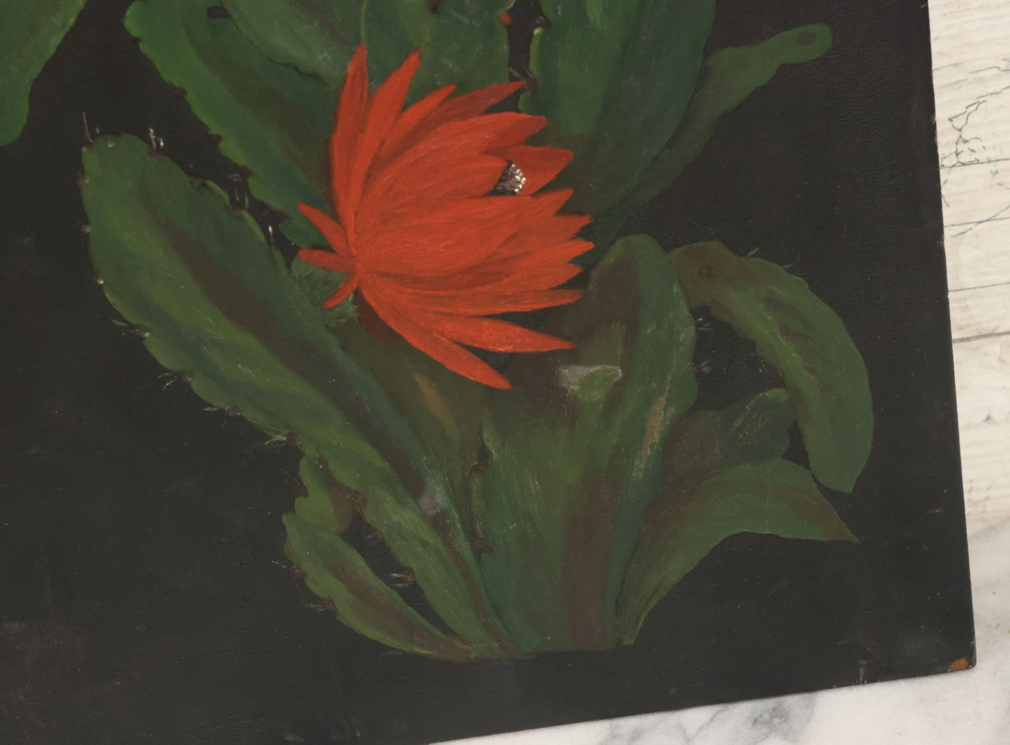 Lot 012 - Antique Hand-Painted Cactus Flower Artwork, Bold Red Blooms On Black Background, Botanical Wall Art, 10-1/8" x 24"