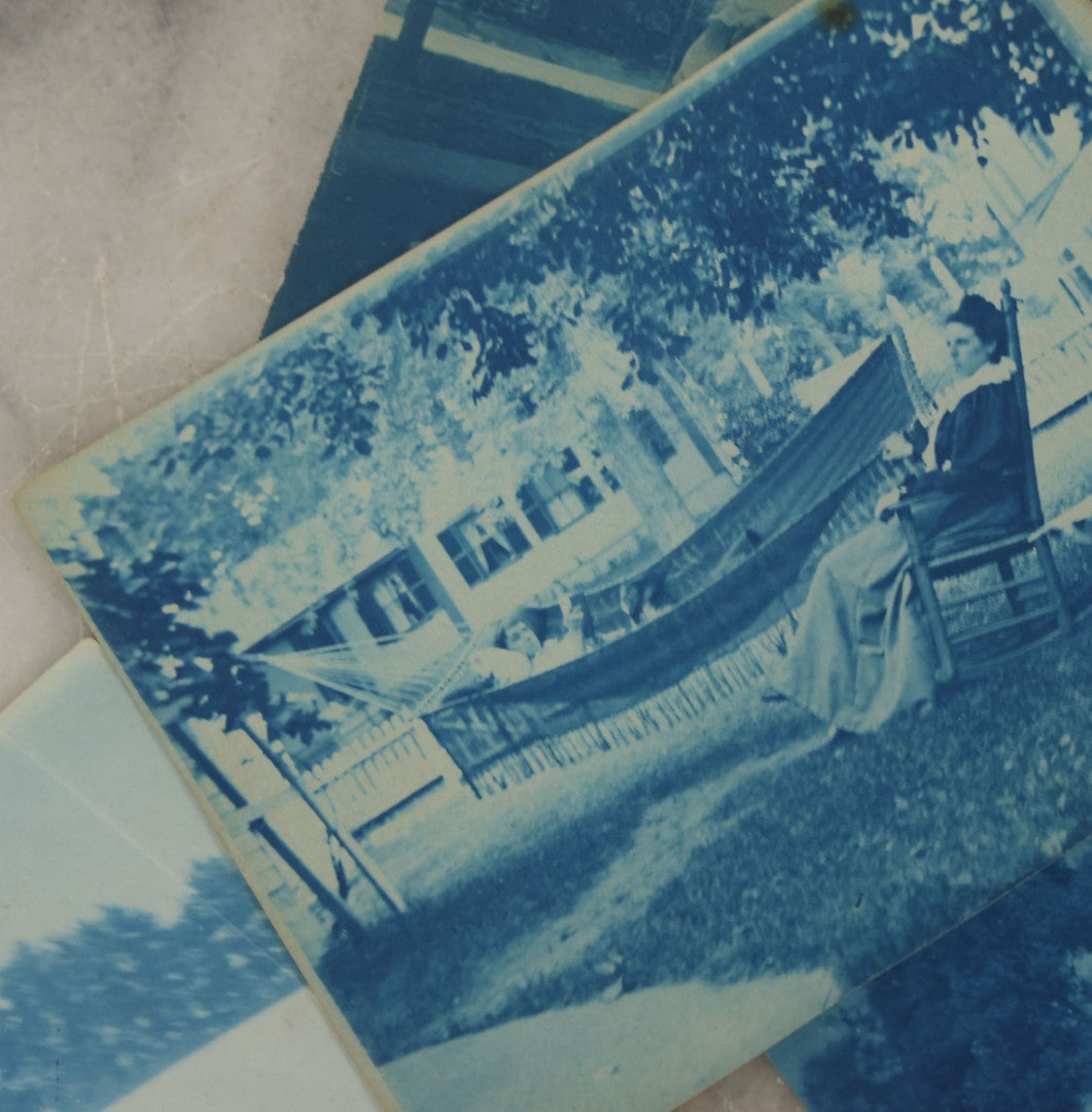 Lot 170 - Grouping Of 9 Snapshot Photographs Including 8 Cyanotypes Of Victorian Women And Children, Women With Bicycles, Skiing, Etc.