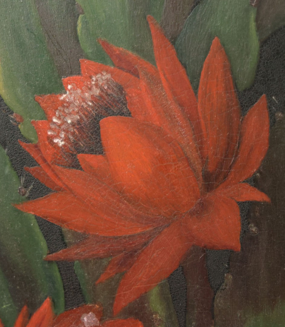 Lot 012 - Antique Hand-Painted Cactus Flower Artwork, Bold Red Blooms On Black Background, Botanical Wall Art, 10-1/8" x 24"