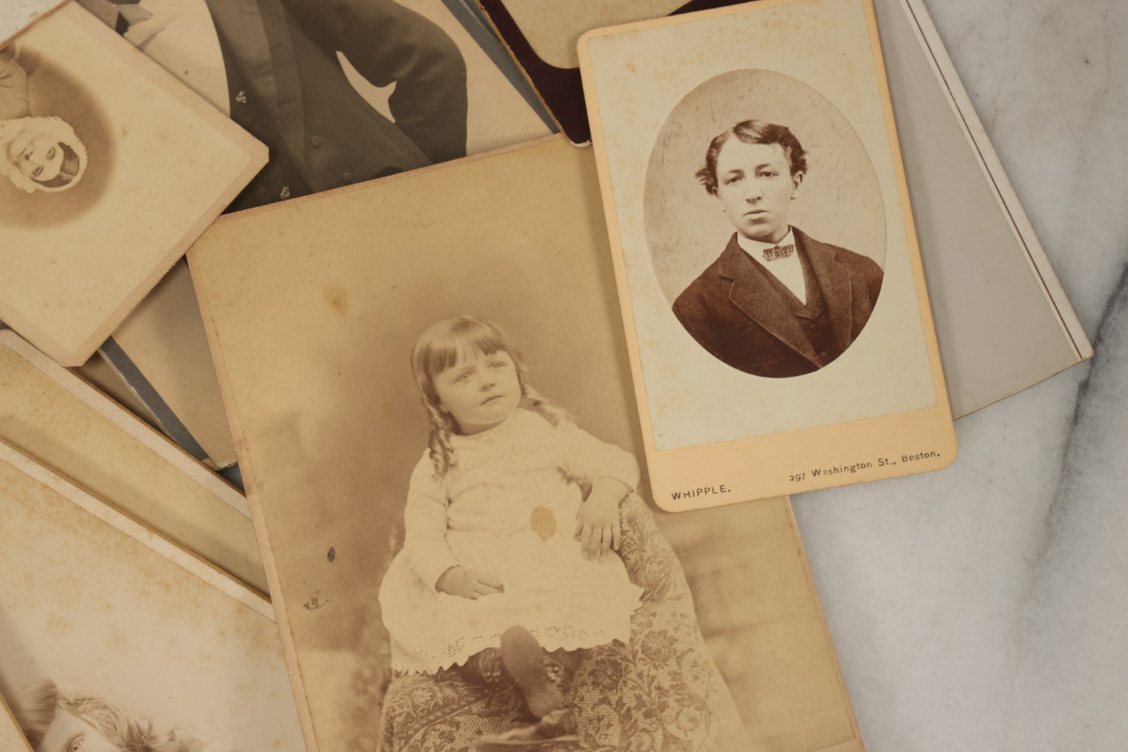Lot 171 - Grouping Of 20+ Cabinet Card And Carte De Visite C.D.V. Photographs Of Men, Women, And Children, Including Little Girl With Hat, Smiling Toddler, And More