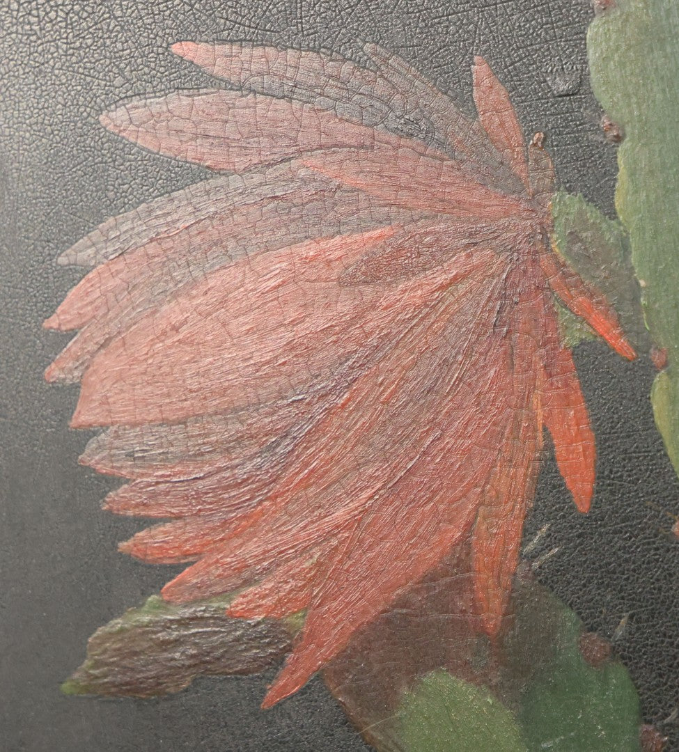 Lot 012 - Antique Hand-Painted Cactus Flower Artwork, Bold Red Blooms On Black Background, Botanical Wall Art, 10-1/8" x 24"