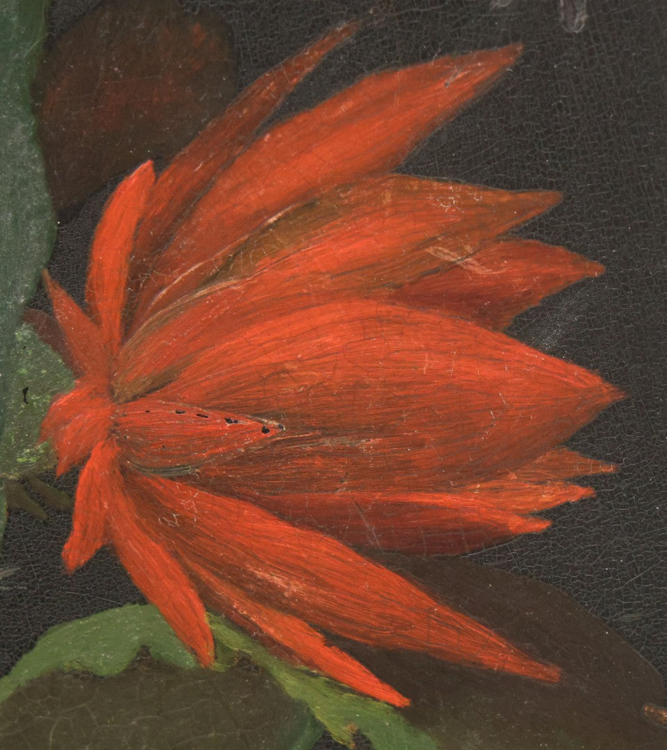 Lot 012 - Antique Hand-Painted Cactus Flower Artwork, Bold Red Blooms On Black Background, Botanical Wall Art, 10-1/8" x 24"