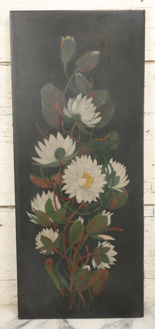 Lot 013 - Vintage Hand-Painted Water Lily Artwork, White Blooms On Dark Background, Botanical Wall Art, 10-1/8" x 24"