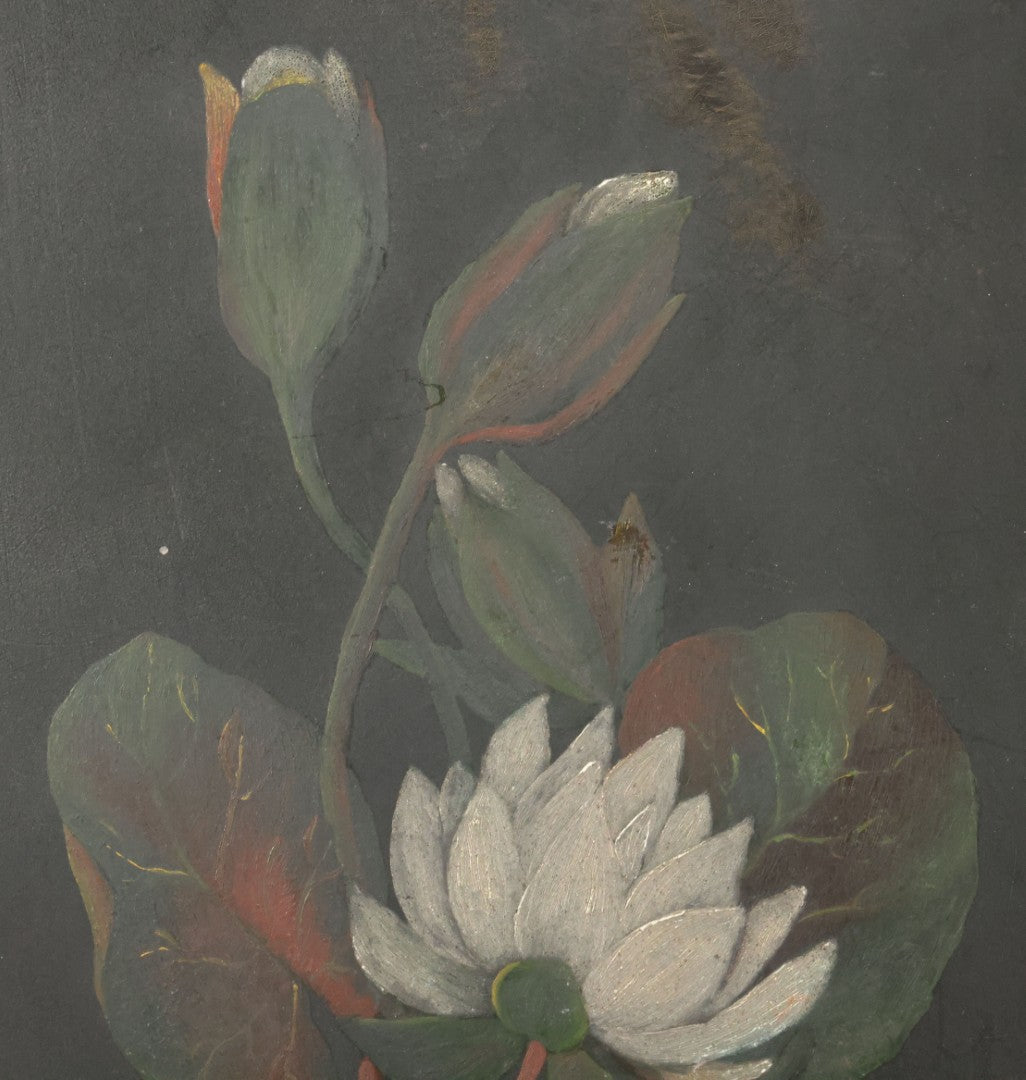 Lot 013 - Vintage Hand-Painted Water Lily Artwork, White Blooms On Dark Background, Botanical Wall Art, 10-1/8" x 24"