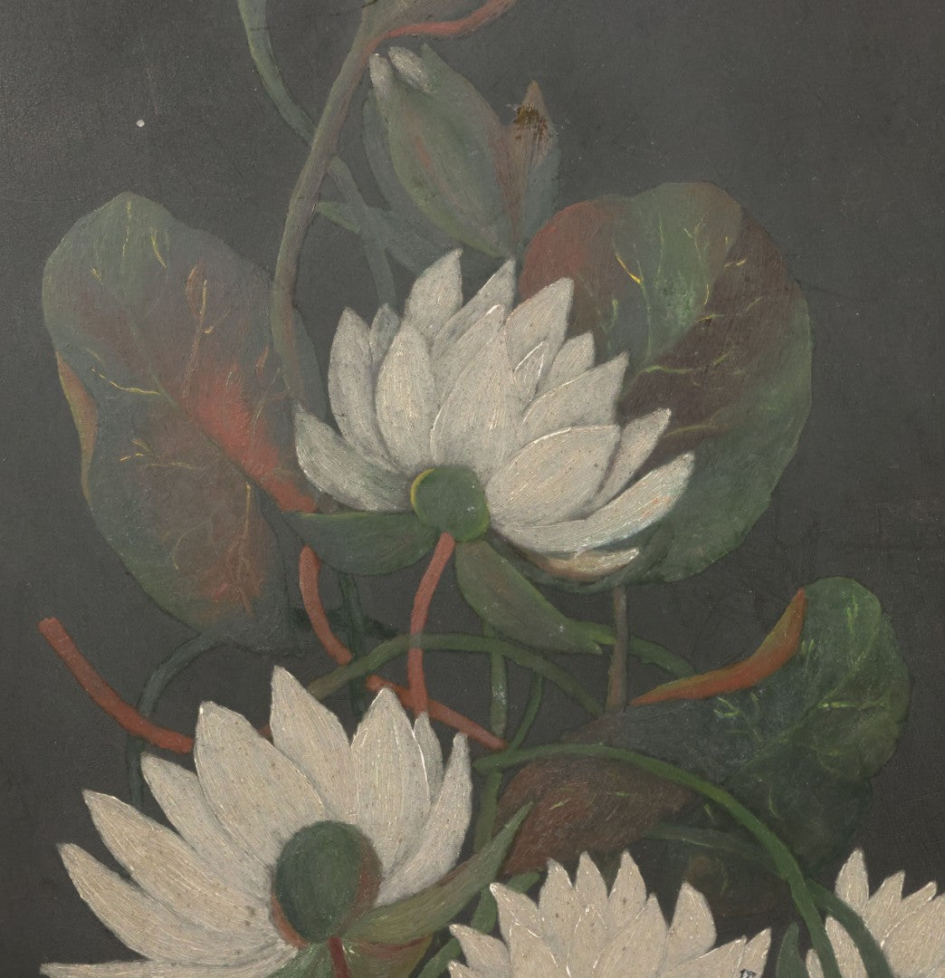 Lot 013 - Vintage Hand-Painted Water Lily Artwork, White Blooms On Dark Background, Botanical Wall Art, 10-1/8" x 24"