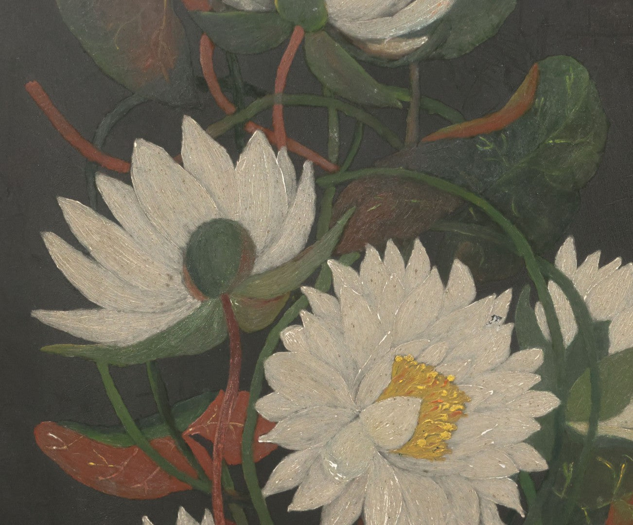 Lot 013 - Vintage Hand-Painted Water Lily Artwork, White Blooms On Dark Background, Botanical Wall Art, 10-1/8" x 24"