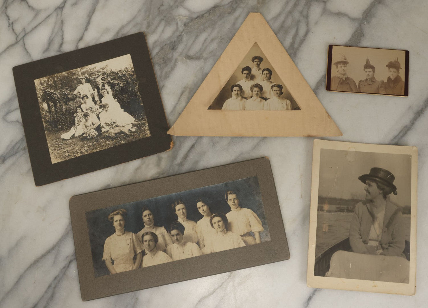 Lot 182 - Grouping Of Six Assorted Antique Boarded Photographs Of Victorian & Edwardian Women In Groups, Including Unique Triangle Cut Photo, Circa 1900-1910 