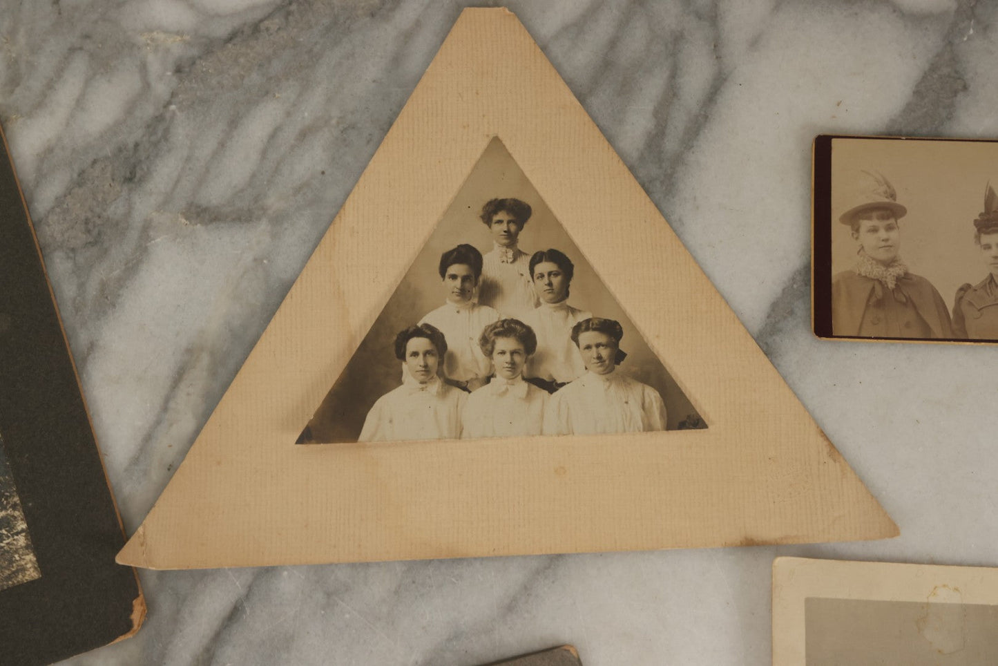 Lot 182 - Grouping Of Six Assorted Antique Boarded Photographs Of Victorian & Edwardian Women In Groups, Including Unique Triangle Cut Photo, Circa 1900-1910 