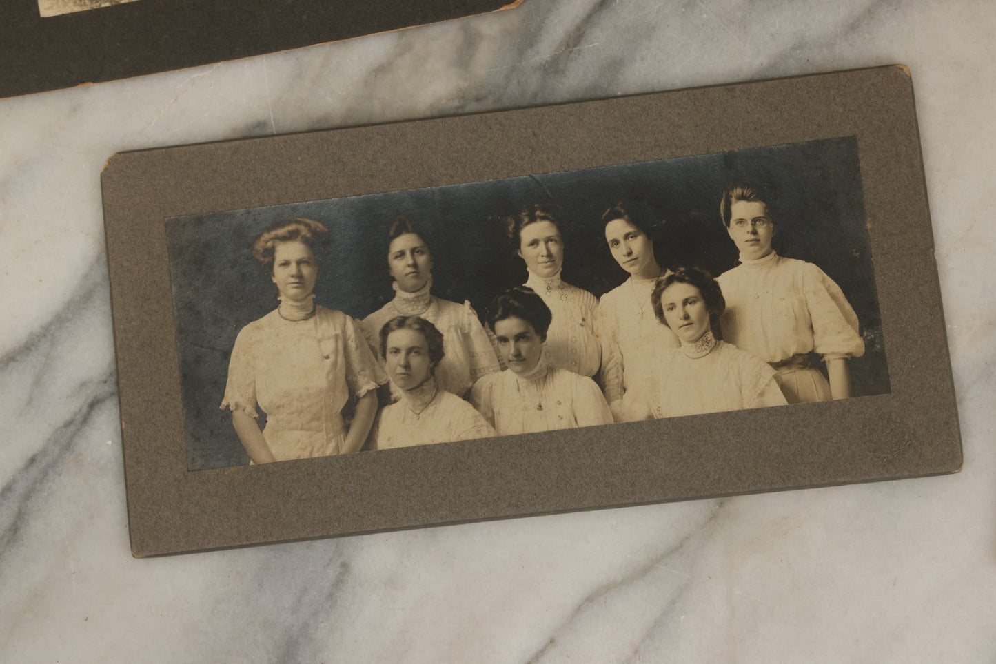 Lot 182 - Grouping Of Six Assorted Antique Boarded Photographs Of Victorian & Edwardian Women In Groups, Including Unique Triangle Cut Photo, Circa 1900-1910 