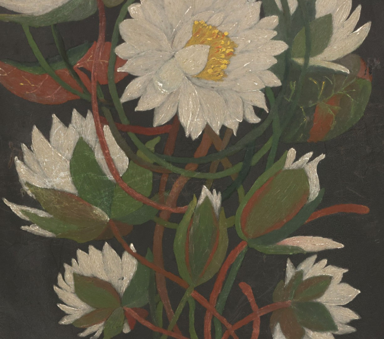 Lot 013 - Vintage Hand-Painted Water Lily Artwork, White Blooms On Dark Background, Botanical Wall Art, 10-1/8" x 24"