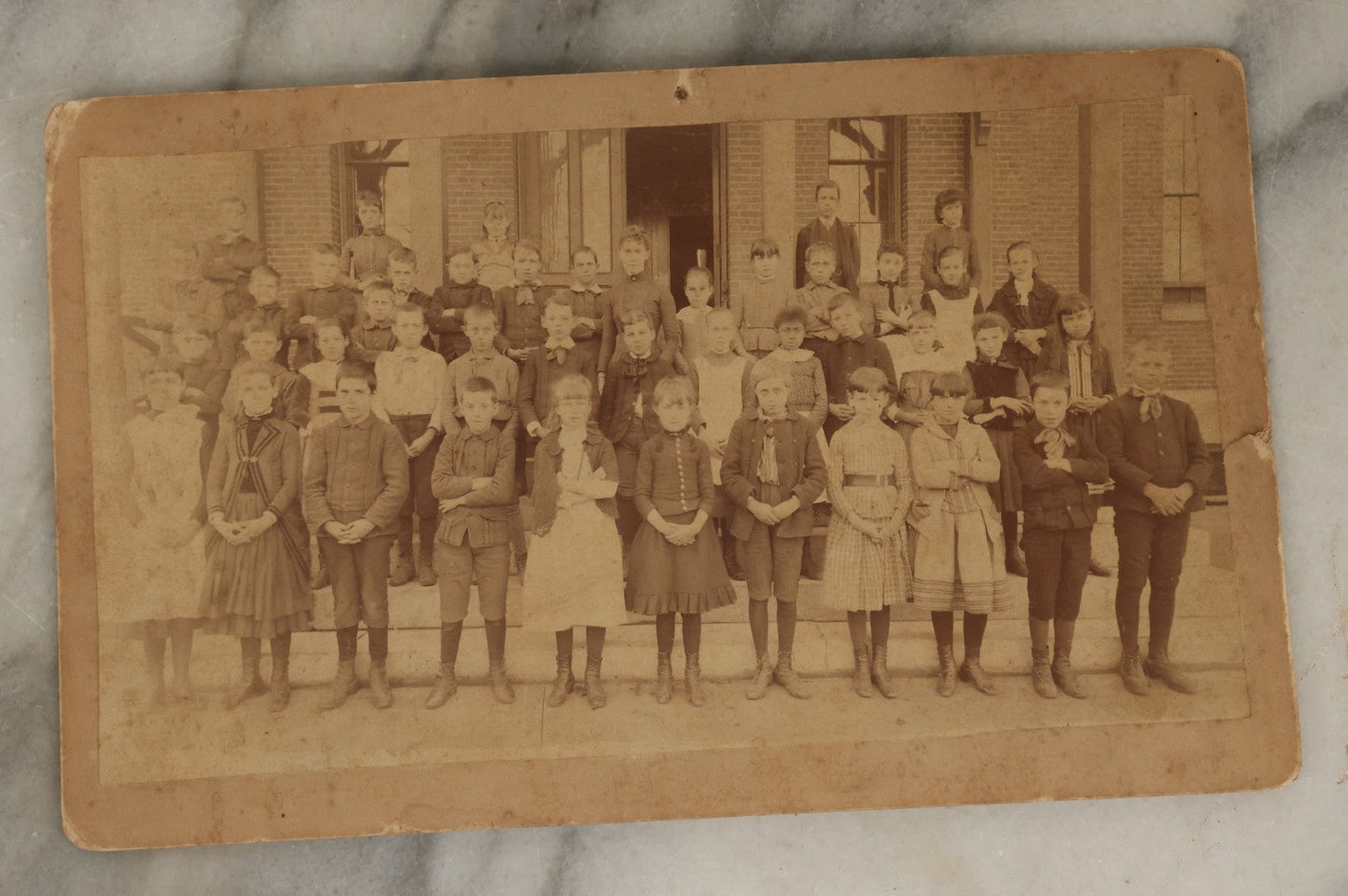 Lot 183 - Antique Cabinet Card Photograph Of School Children, Outside On School Steps, With Teachers, Many With Arms Crossed, A.E. Alden, Photographer, Boston, Circa 1890s