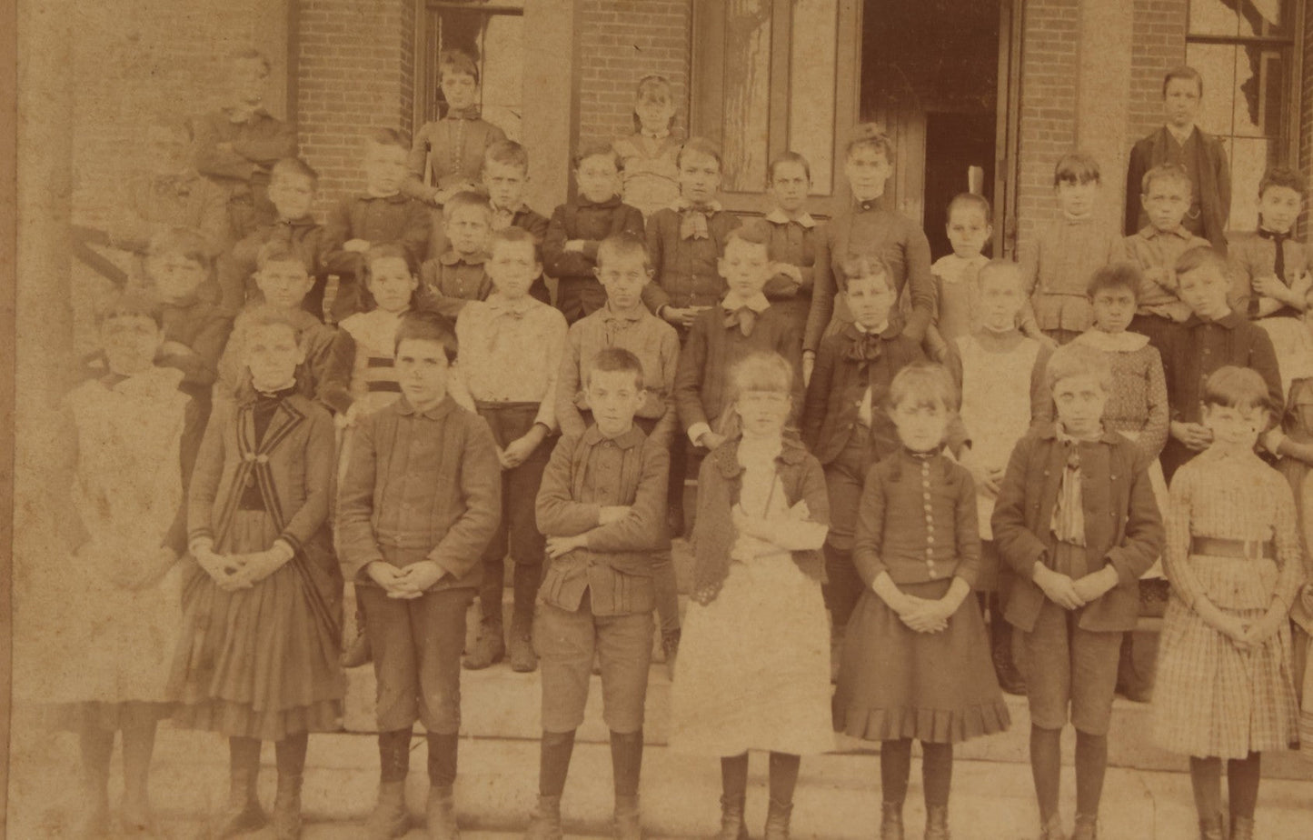 Lot 183 - Antique Cabinet Card Photograph Of School Children, Outside On School Steps, With Teachers, Many With Arms Crossed, A.E. Alden, Photographer, Boston, Circa 1890s