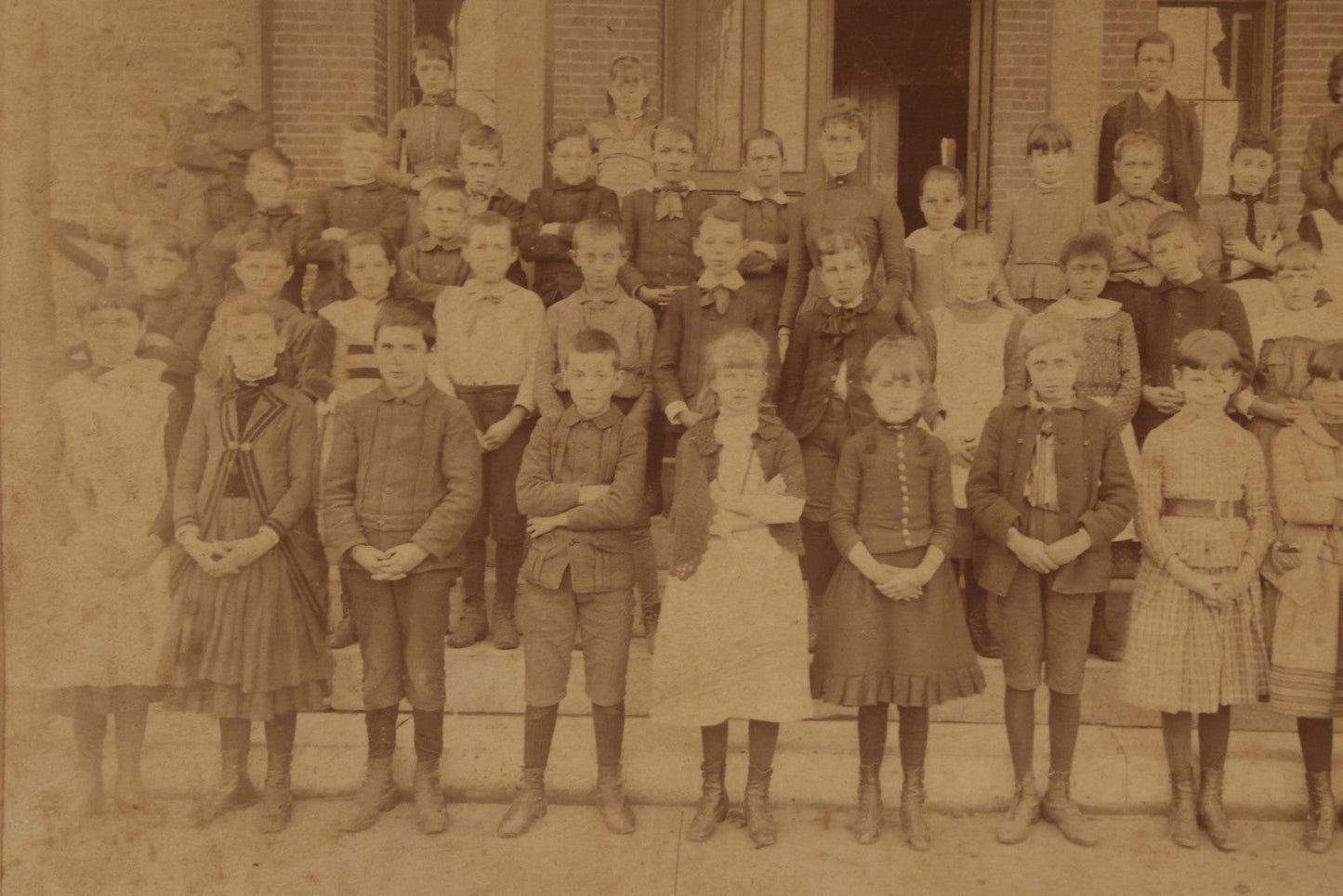 Lot 183 - Antique Cabinet Card Photograph Of School Children, Outside On School Steps, With Teachers, Many With Arms Crossed, A.E. Alden, Photographer, Boston, Circa 1890s