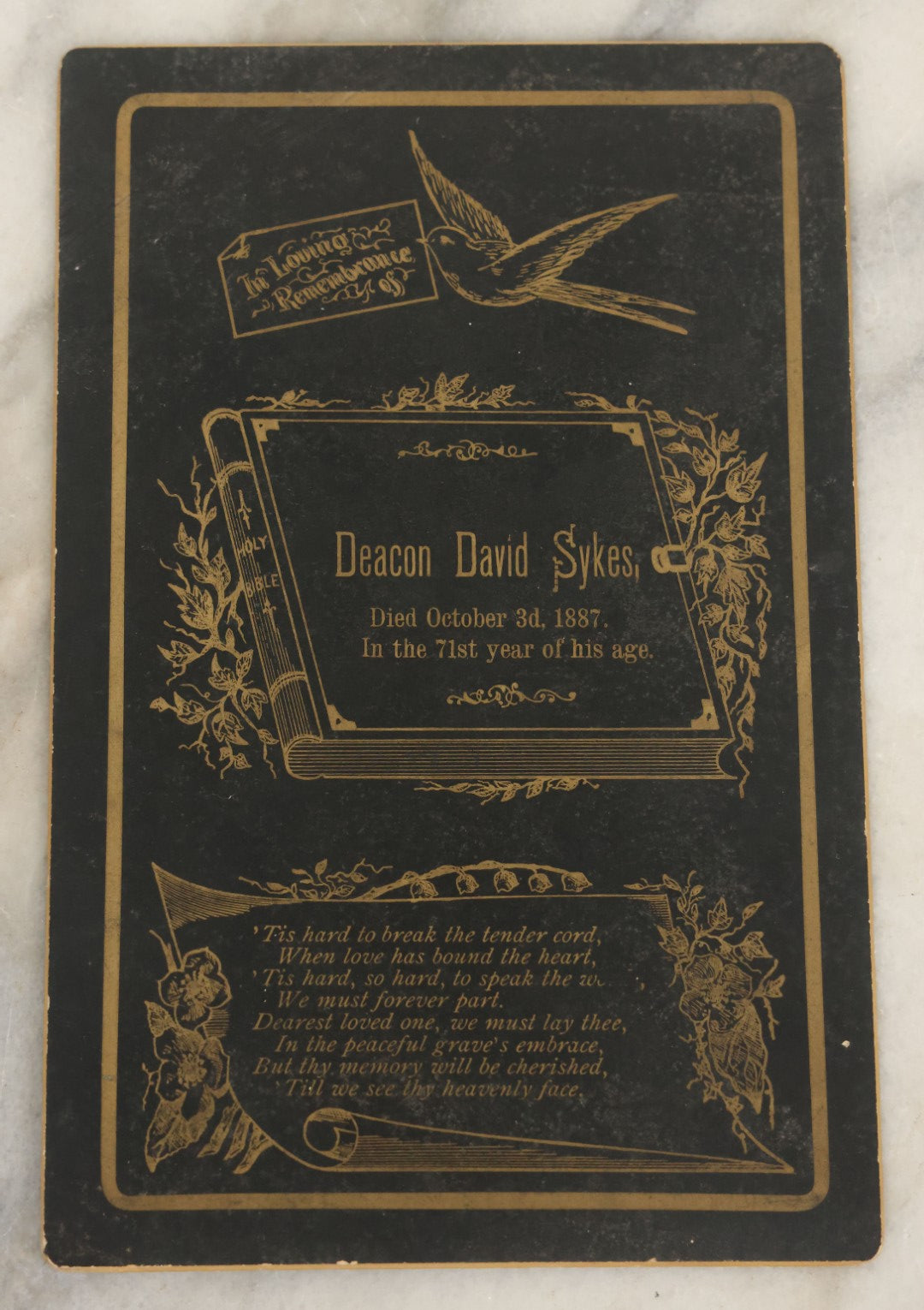 Lot 184 - Antique Funeral Remembrance Mourning Card For Deacon David Sykes, Died 1887, Ages 71