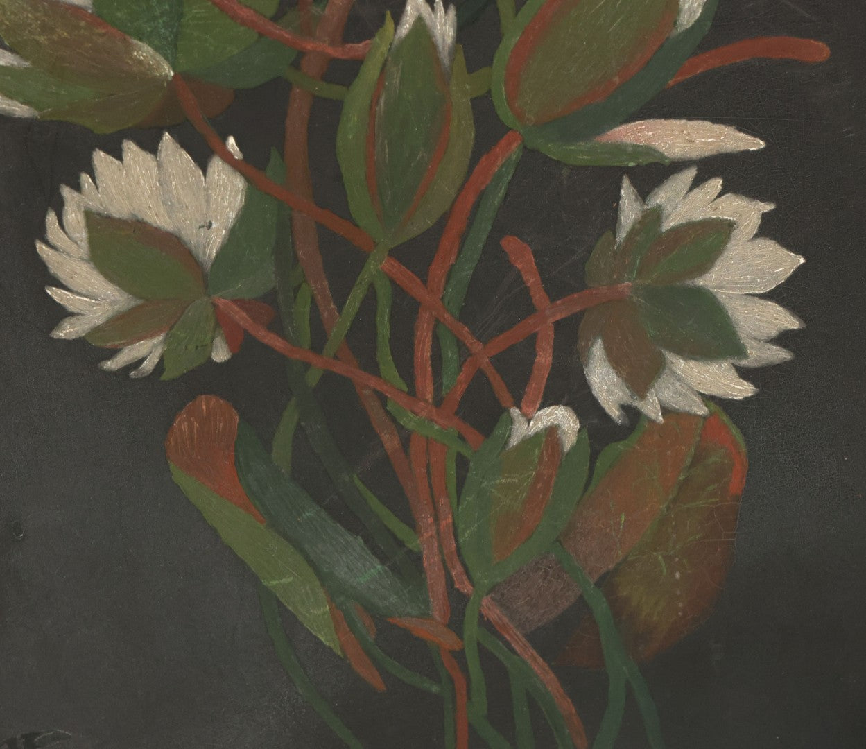 Lot 013 - Vintage Hand-Painted Water Lily Artwork, White Blooms On Dark Background, Botanical Wall Art, 10-1/8" x 24"