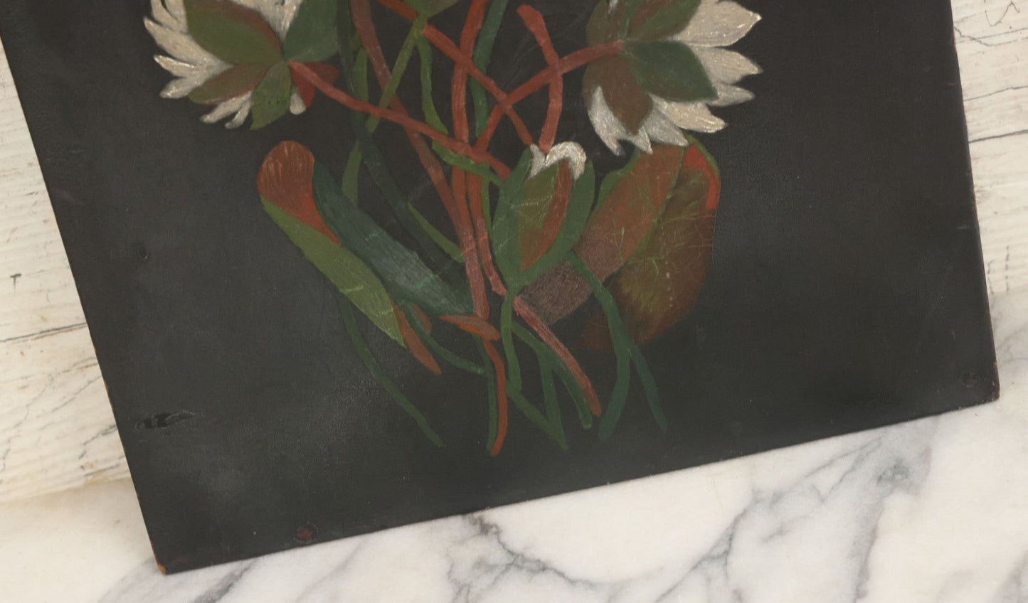 Lot 013 - Vintage Hand-Painted Water Lily Artwork, White Blooms On Dark Background, Botanical Wall Art, 10-1/8" x 24"