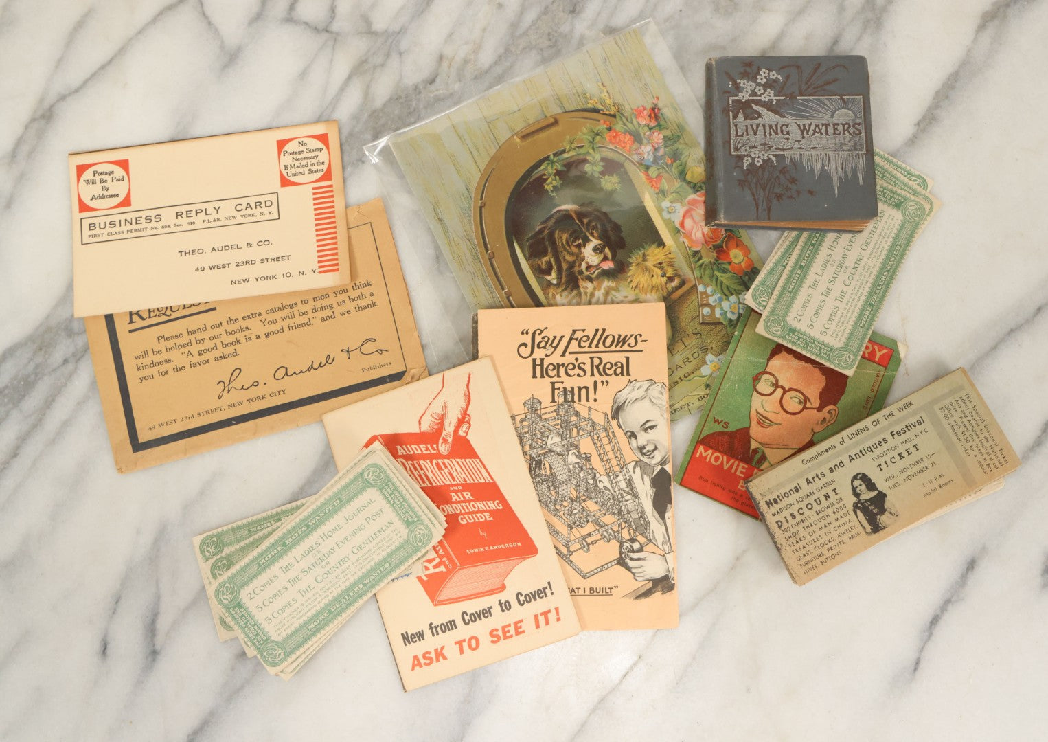 Lot 189 - Grouping Of 10+ Pieces Of Miscellaneous Ephemera And Booklets Including Living Waters Mini Book, St. Bernard Dog Trade Card, Mystery Movie Drawing Book, And More