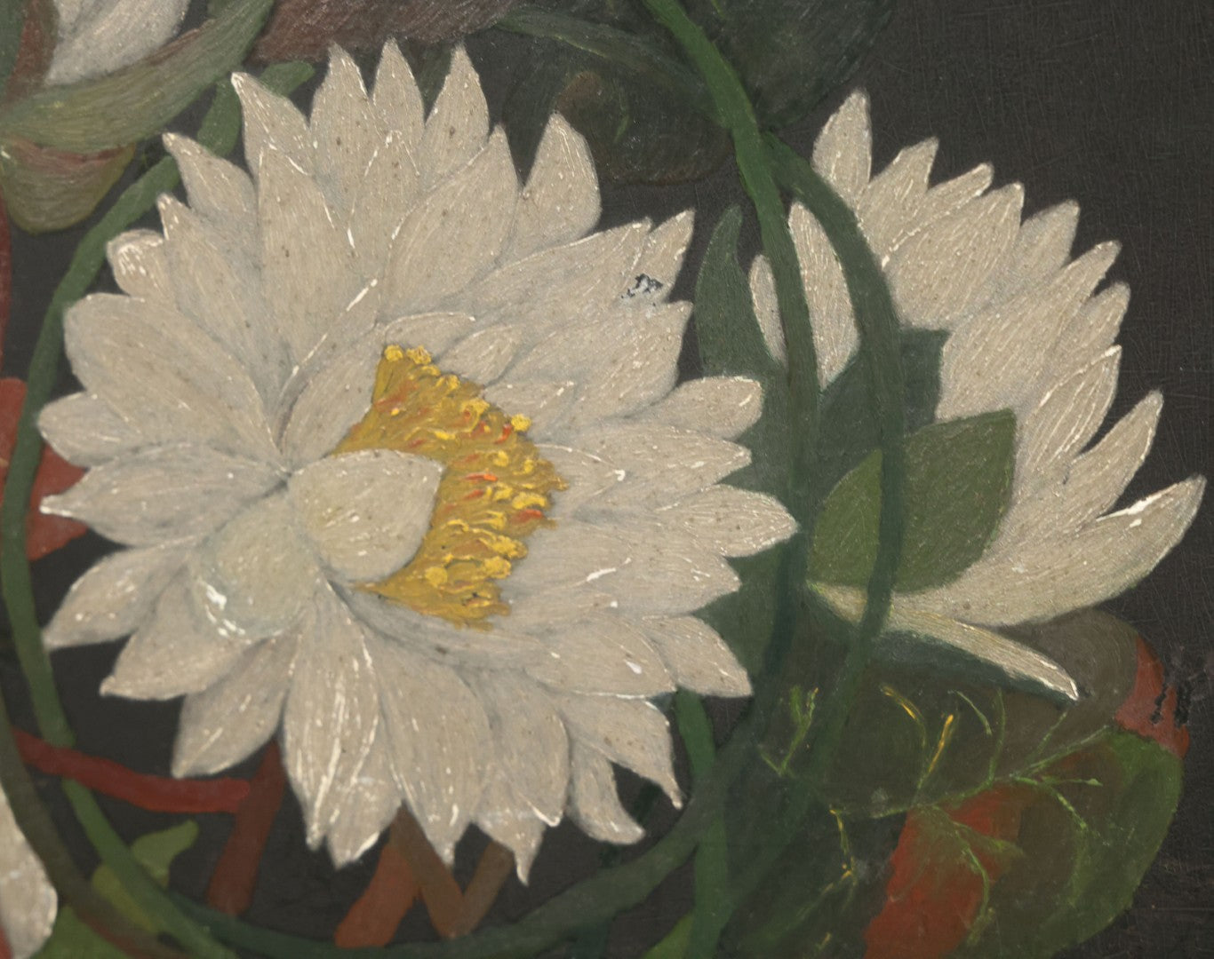 Lot 013 - Vintage Hand-Painted Water Lily Artwork, White Blooms On Dark Background, Botanical Wall Art, 10-1/8" x 24"