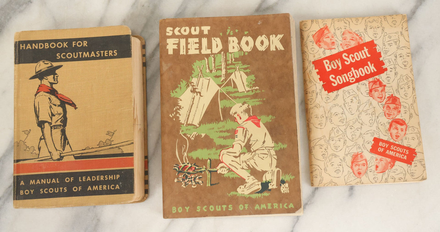 Lot 190 - Grouping Of Three Vintage Antique Boy Scouts Books Including The Handbook For Scoutmasters, Scout Field Book, And The Boy Scout Song Book