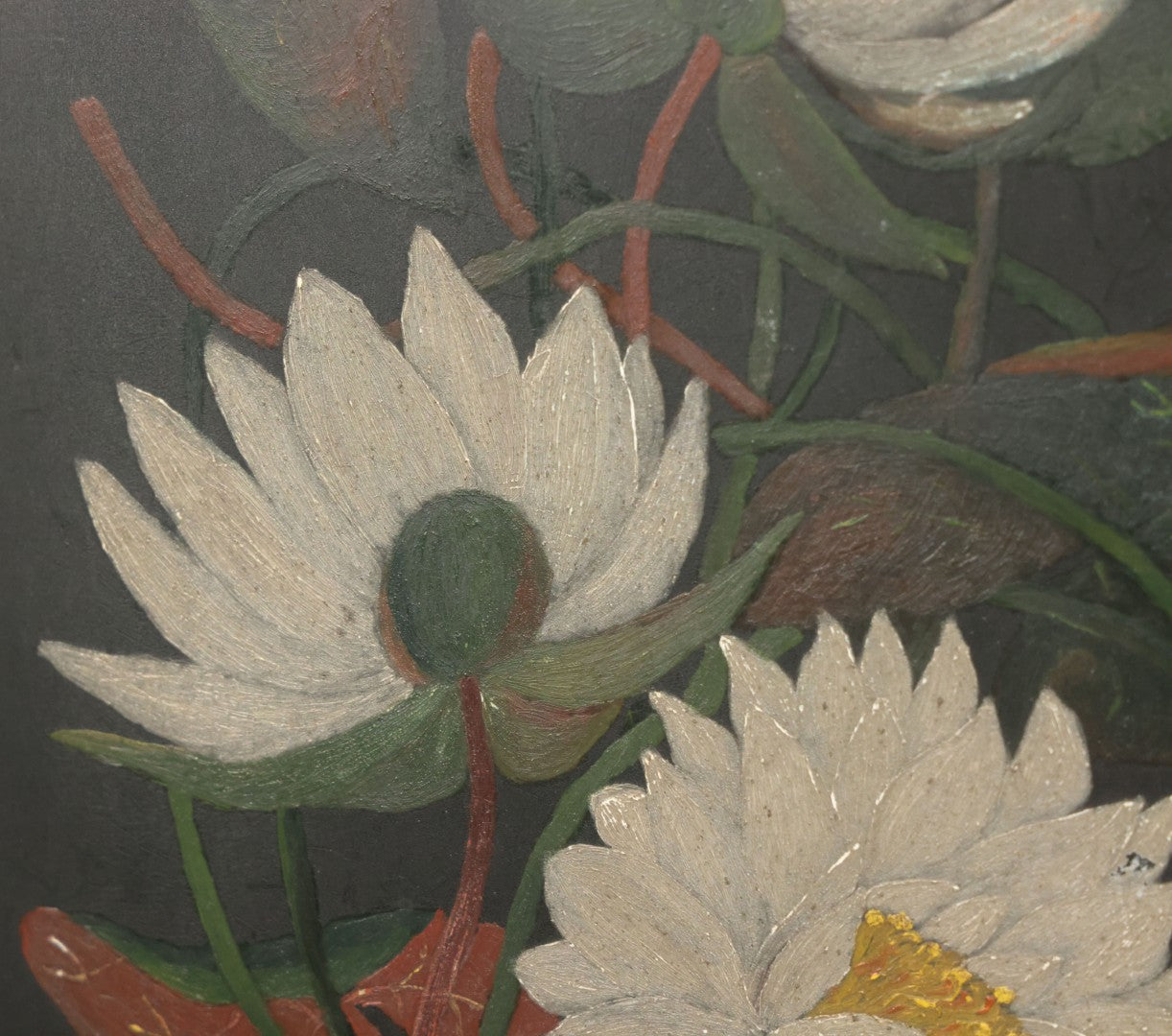 Lot 013 - Vintage Hand-Painted Water Lily Artwork, White Blooms On Dark Background, Botanical Wall Art, 10-1/8" x 24"