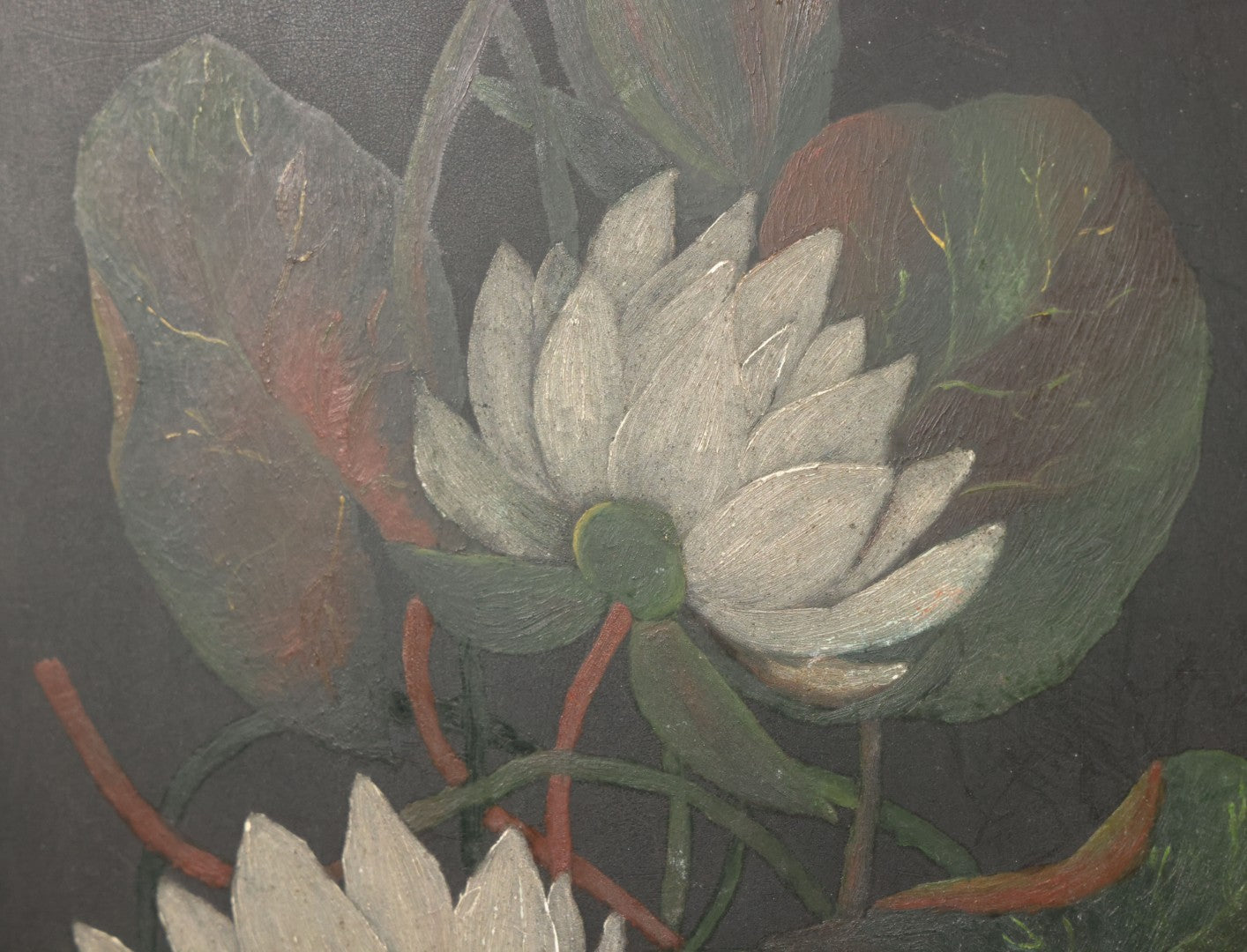 Lot 013 - Vintage Hand-Painted Water Lily Artwork, White Blooms On Dark Background, Botanical Wall Art, 10-1/8" x 24"