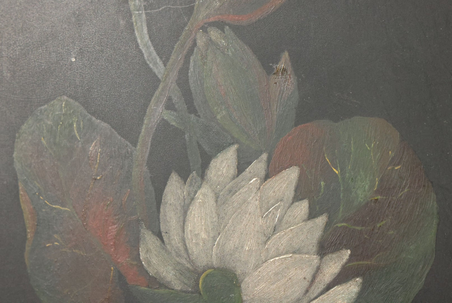 Lot 013 - Vintage Hand-Painted Water Lily Artwork, White Blooms On Dark Background, Botanical Wall Art, 10-1/8" x 24"
