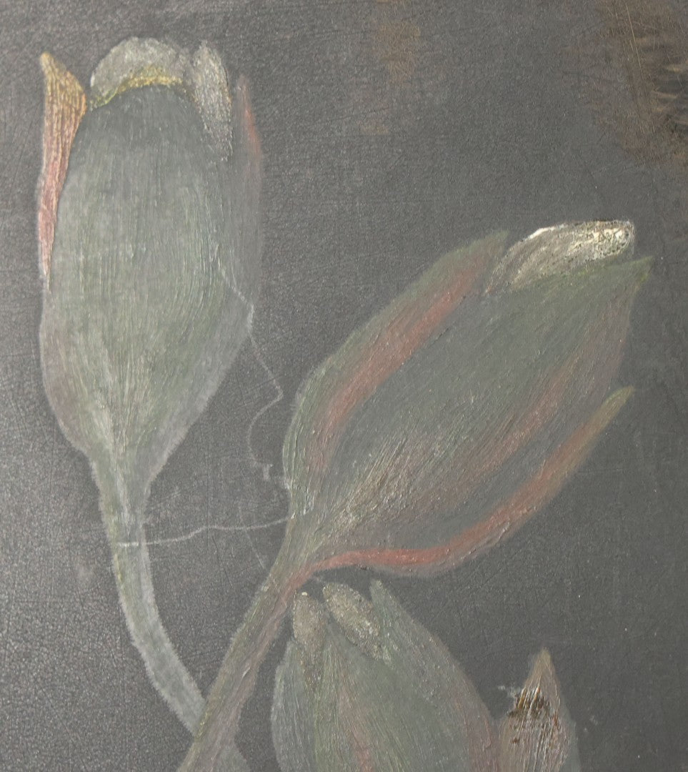 Lot 013 - Vintage Hand-Painted Water Lily Artwork, White Blooms On Dark Background, Botanical Wall Art, 10-1/8" x 24"