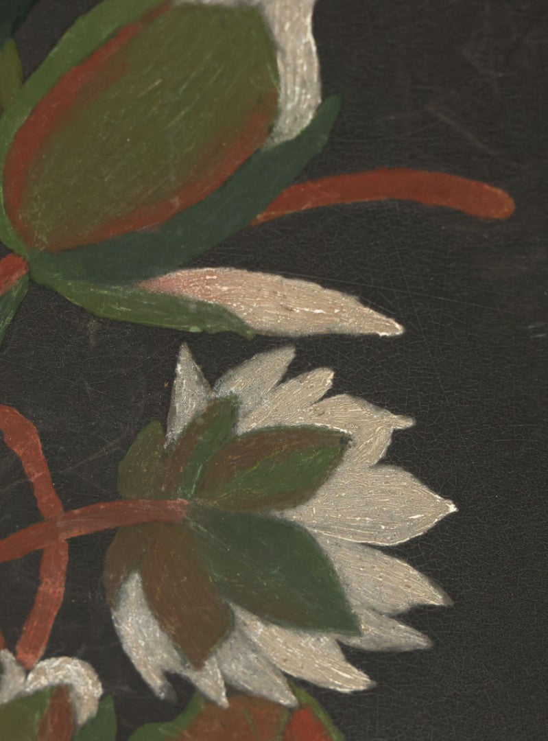 Lot 013 - Vintage Hand-Painted Water Lily Artwork, White Blooms On Dark Background, Botanical Wall Art, 10-1/8" x 24"