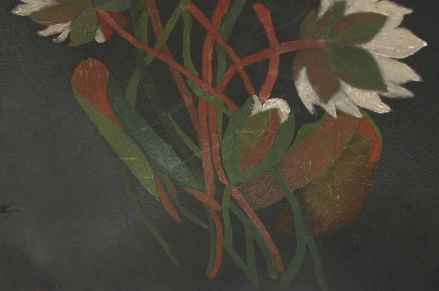 Lot 013 - Vintage Hand-Painted Water Lily Artwork, White Blooms On Dark Background, Botanical Wall Art, 10-1/8" x 24"