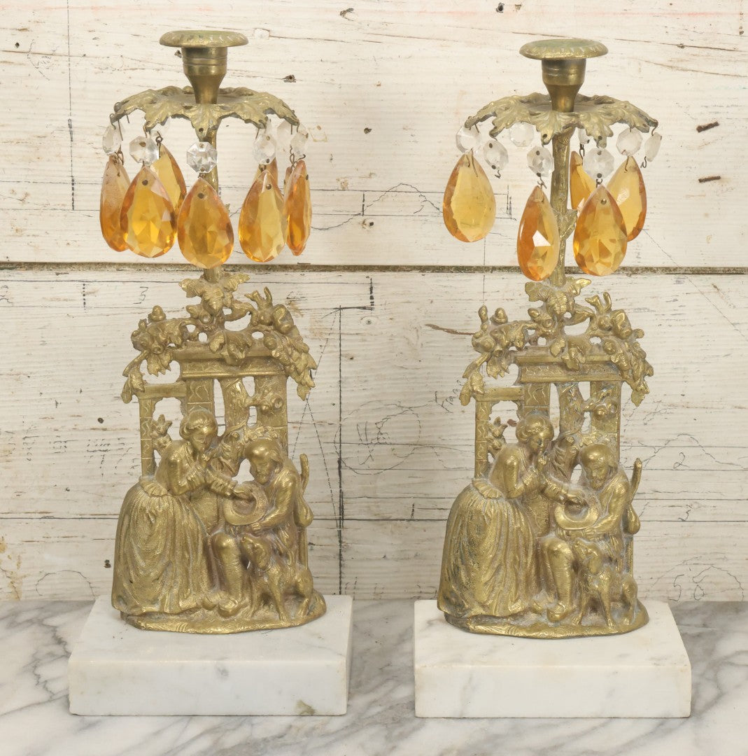 Lot 014 - Antique Gilded Brass Girandole Candelabra Pair, Romantic Rococo Scene With Dog, Marble Base, Amber Crystal Prisms, Note Many Missing, Damaged Crystals, Bases Chipped