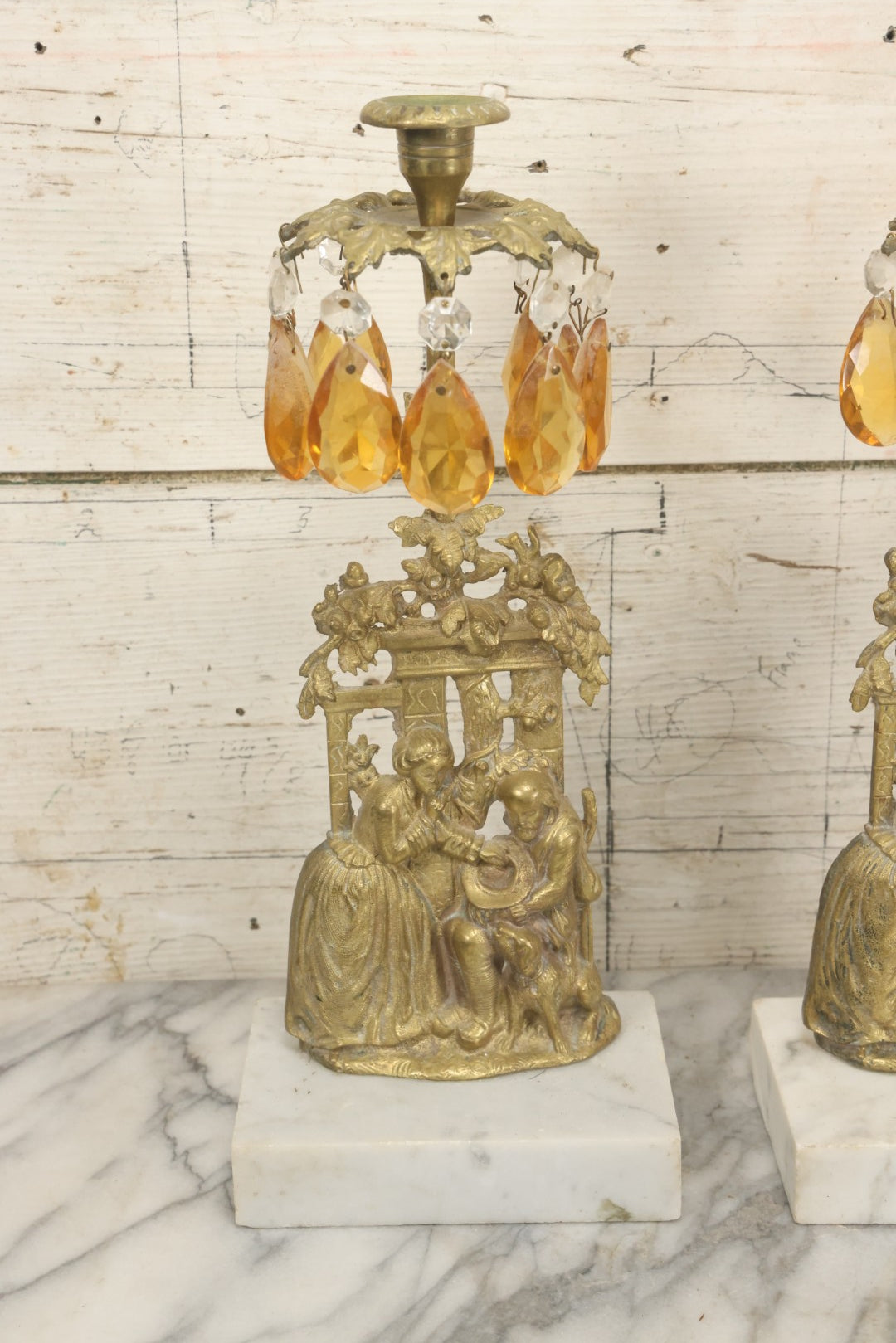 Lot 014 - Antique Gilded Brass Girandole Candelabra Pair, Romantic Rococo Scene With Dog, Marble Base, Amber Crystal Prisms, Note Many Missing, Damaged Crystals, Bases Chipped