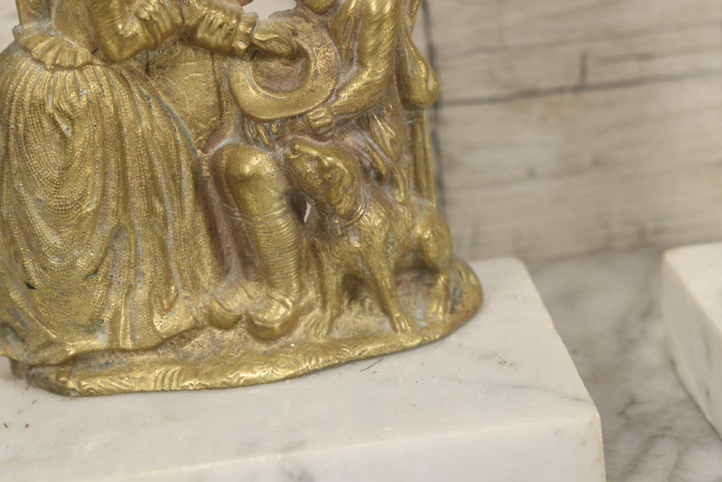 Lot 014 - Antique Gilded Brass Girandole Candelabra Pair, Romantic Rococo Scene With Dog, Marble Base, Amber Crystal Prisms, Note Many Missing, Damaged Crystals, Bases Chipped