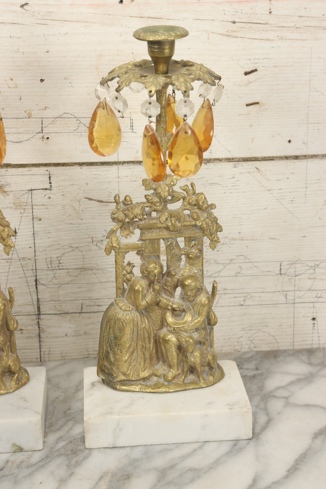 Lot 014 - Antique Gilded Brass Girandole Candelabra Pair, Romantic Rococo Scene With Dog, Marble Base, Amber Crystal Prisms, Note Many Missing, Damaged Crystals, Bases Chipped