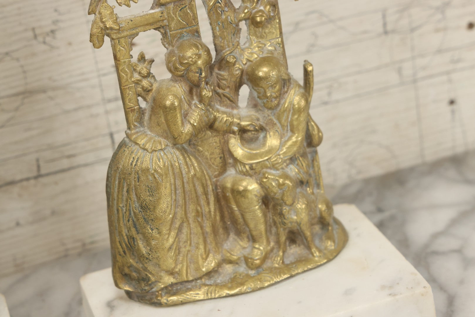 Lot 014 - Antique Gilded Brass Girandole Candelabra Pair, Romantic Rococo Scene With Dog, Marble Base, Amber Crystal Prisms, Note Many Missing, Damaged Crystals, Bases Chipped