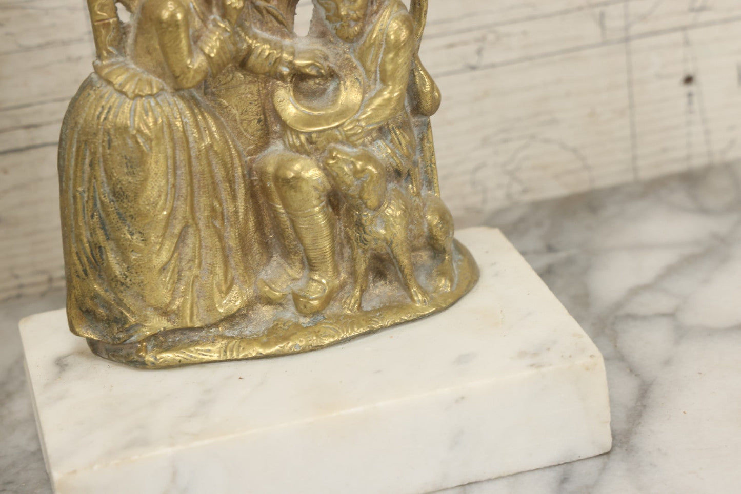 Lot 014 - Antique Gilded Brass Girandole Candelabra Pair, Romantic Rococo Scene With Dog, Marble Base, Amber Crystal Prisms, Note Many Missing, Damaged Crystals, Bases Chipped